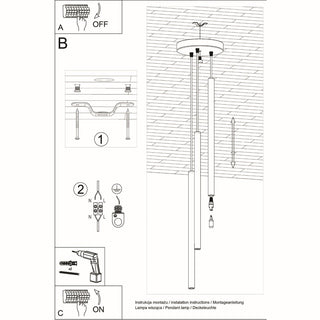 Diagram showing how to install the three-light pendant lamp, including wiring, mounting bracket, and adjustable drop.