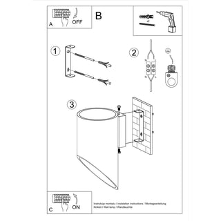 Black and white diagram showing the steps for mounting and wiring the cylindrical wall lamp.