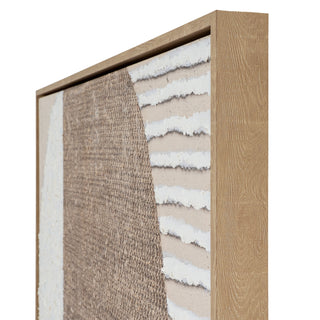 Angled detail shot of the canvas texture and the deep profile of the light wood floating frame.