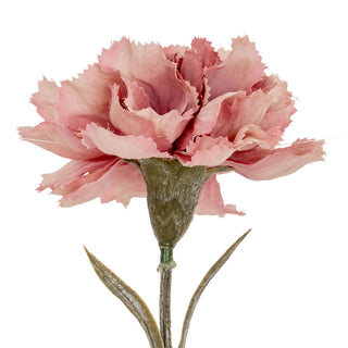 Close detail of the artificial pink carnation showing the frayed fabric petals, green calyx, and stem leaves.