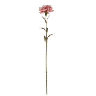Plain studio shot of the artificial pink carnation stem shown full length, from flower head to base.