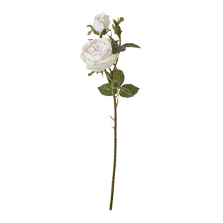 Plain front-on view of an artificial single rose stem with a pale pink flower, a bud, and green leaves.
