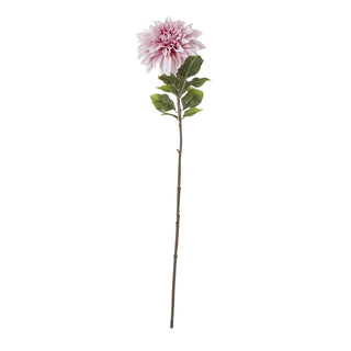 Plain front-on product shot of the artificial pink dahlia single stem with green leaves against a white background.