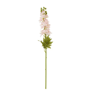 Full view of a single artificial pink delphinium stem with green leaves and buds against a white background.
