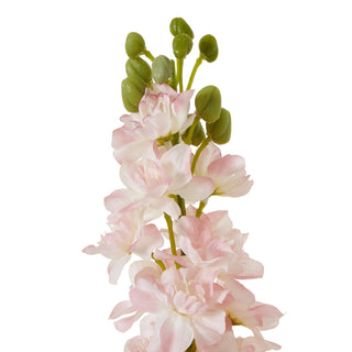 Upper section of the artificial delphinium stem showing open pink blooms and closed green buds.