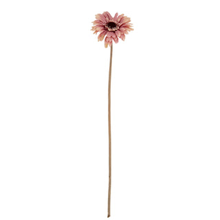 Full vertical view of the artificial pink gerbera stem against a white background.