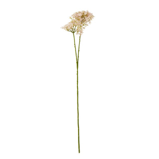 Full view of the artificial pink crown hydrangea floral stem on a white background.