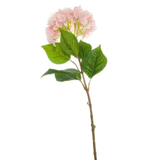 Plain front-on view of a single artificial stem of pink hydrangea with green leaves on a white background.
