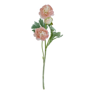 Front-on view of a single artificial ranunculus stem with two pink flowers, one bud, and green leaves.