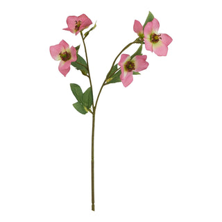 Single artificial stem featuring four pink variegated hellebore flowers and small green leaves.