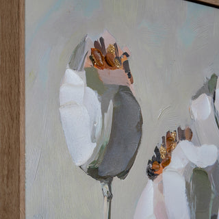 Close-up detail of the abstract flower centre with thick white paint, brown impasto texture, and gold sparkle accents.