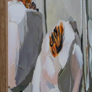 Close-up detail of the painting showing thick impasto texture and orange, black, and gold glitter accents.