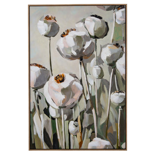 Abstract hand-painted canvas of white poppy heads with grey and green accents, framed in wood.