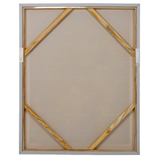 Back view of the canvas in frame, showing the internal wooden cross braces and the reverse of the stretched linen.