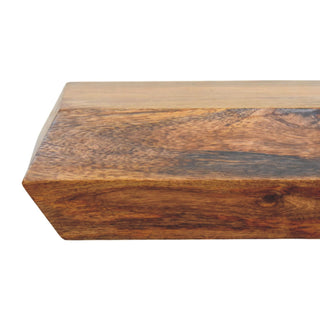 Richly textured dark wood grain detail on the geometric angled end of the wall unit.