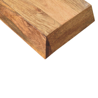 Dark wood grain detail focusing on the sharp, angled corner joint of the wall-mounted unit.