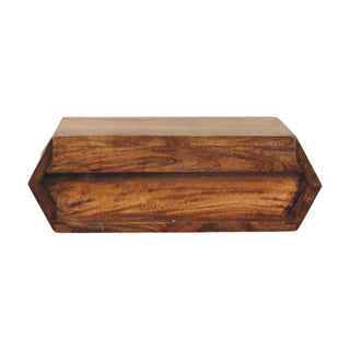 Front elevation of the dark wood wall unit, highlighting the wide geometric shape and continuous grain pattern.