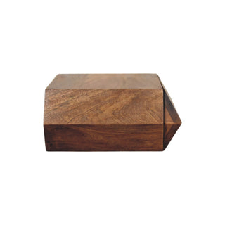 Dark wood wall unit viewed from the side, showing the full depth and the distinctive geometric pointed end.