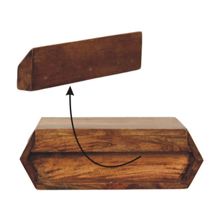 Exploded view showing the dark wood geometric unit and the separate wall mounting bracket above it.