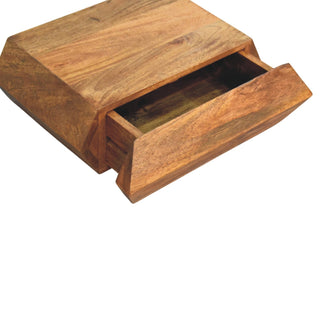 Dark wood wall unit with the storage drawer partially open, highlighting the interior and wood grain.