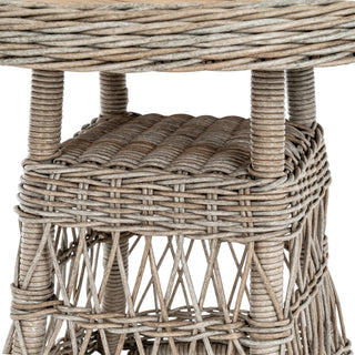 Close-up detail of the grey woven wicker base, showing the tight weave and the open criss-cross support pattern.