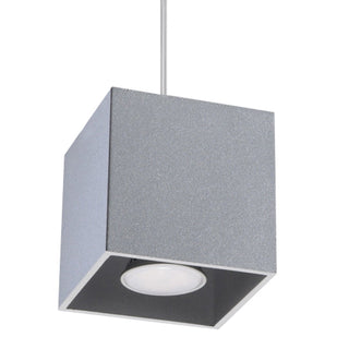 Grey textured cube pendant lamp hanging on a wire, viewed from an angle, showing the circular light source.