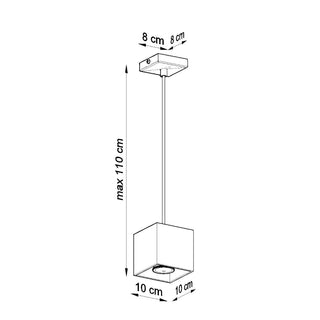 Technical line drawing showing the dimensions of the pendant lamp: 10cm cube shade and 110cm maximum drop.