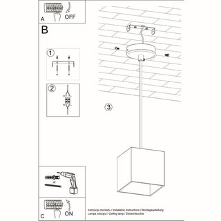 Line drawing illustrating the installation process: securing the ceiling bracket, electrical wiring, and fitting the pendant.