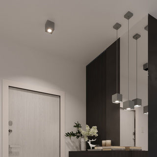 Modern hallway scene showing grey cube pendant lamps used as both ceiling spotlights and hanging fixtures.