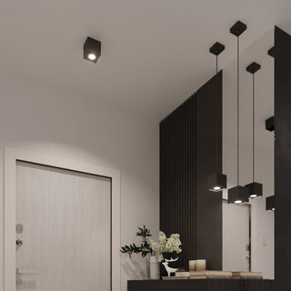 Black cube ceiling light fixture installed in a modern hallway above a white door frame.