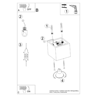 Installation instructions diagram showing wiring connections, mounting screws, and bulb insertion steps.