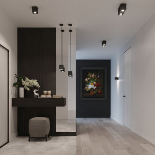 Modern hallway scene featuring several black cube ceiling lights and matching pendant fixtures.