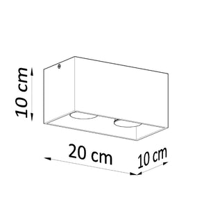 Technical diagram showing the dimensions of the rectangular ceiling lamp: 20 cm long, 10 cm high, and 10 cm deep.