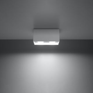 White ceiling light fixture illuminating the wall below with two distinct beams.
