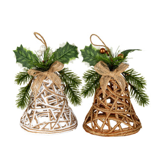 Two rattan bell decorations side by side: one natural brown and one white-painted, both decorated with faux foliage.