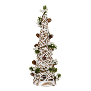 Woven white and natural rattan cone tree decorated with pine sprigs, pine cones, and white frosted berries.