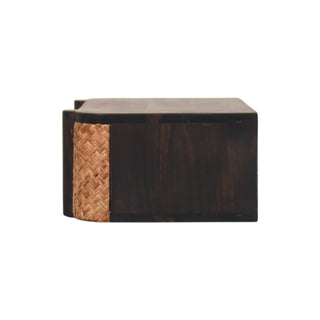 Side view of the dark wood wall drawer showing the depth and curved rattan front panel.