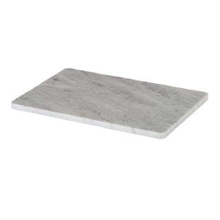 Angled view of the rectangular marble serving board, highlighting the grey veining and polished side edge.