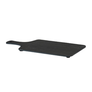 Three-quarter view of the dark grey slate serving board, showing the thickness and small rubber feet.
