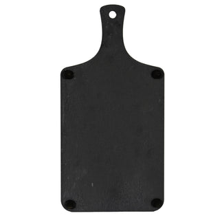 Reverse view of the dark grey slate serving board showing the four circular rubber feet attached near the corners.