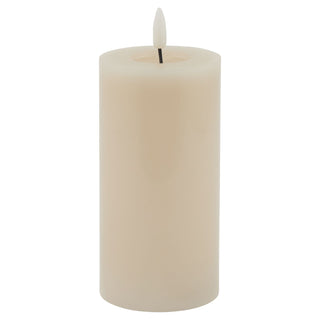 Plain front-on view of the cream LED pillar candle showing the melt effect top and faux flame.