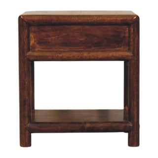 Full front view of the chestnut nightstand, highlighting the thick, rounded frame and recessed drawer panel.