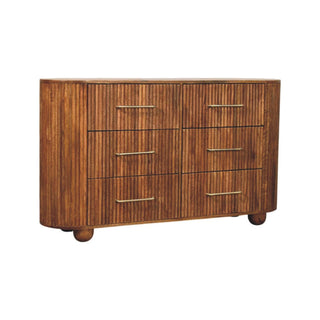 Plain front-on view of the amber oak six-drawer chest with vertical ridges and slim brass handles.