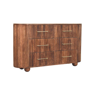 Plain front-on view of the roasted almond chest of six drawers with ridged fronts and brass bar handles.