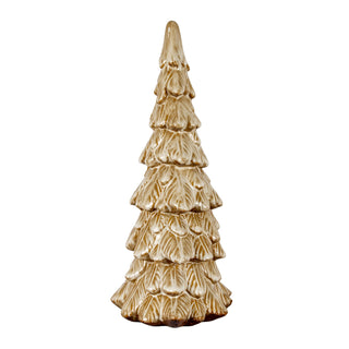 Textured ceramic Christmas tree decoration with glossy beige glaze and defined tiered foliage.