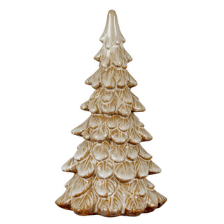 Plain front-on studio shot of the medium ceramic tree decoration, featuring a textured, glossy beige and brown glaze.
