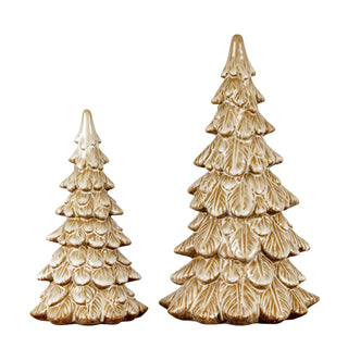 Pair of ceramic Christmas trees, one large and one small, with glossy beige glaze.