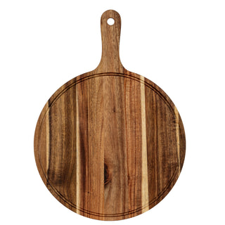 Plain front-on shot of a round acacia serving board featuring a handle with a hanging hole.