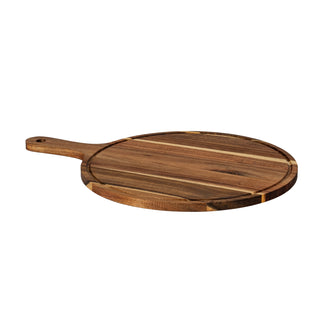 Perspective view of the round acacia serving board, showing the handle, thickness, and wood grain.