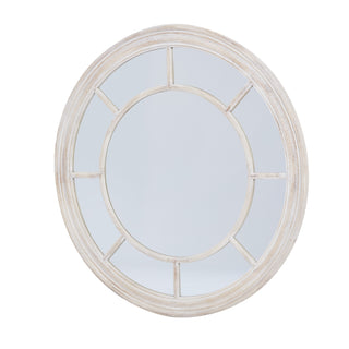 Round mirror with washed wood frame, viewed slightly from the side showing the frame depth.